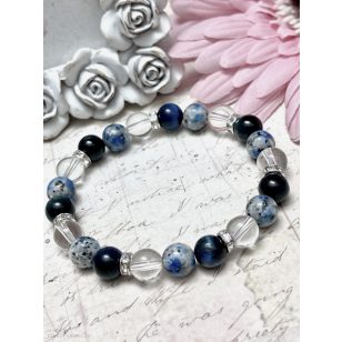   BŐSÉGTEREMTŐ kék tigrisszem, K2 és hegyikristály karkötő