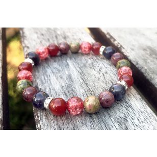   MÁGIKUS ERDŐ ametiszt, karneol, hegyikristály, unakit, eperkvarc ásványkarkötő