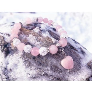   RÓZSAKVARC ÉS HEGYIKRISTÁLY ásványkarkötő (rózsakvarc szív függővel, vagy anélkül)