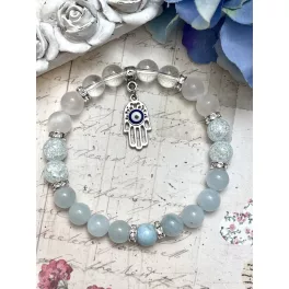   HAMSA (hamza) védelmező  ásvány karkötő (angyal aura, szelenit, roppantott hegyikristály, akvamarin és larimár)