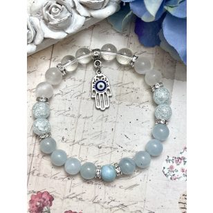   HAMSA (hamza) védelmező karkötő (angyal aura, szelenit, roppantott hegyikristály, akvamarin és larimár)