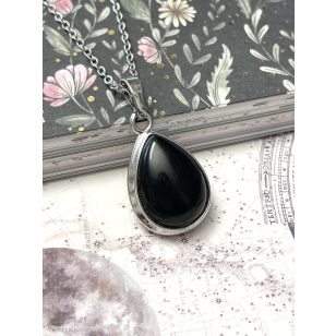   Fekete obszidián csepp medál, fém keretes (lánccal is kérhető)