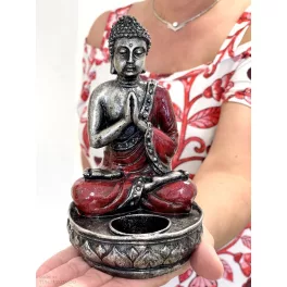 NAMASTÉ Buddha mécsestartó szobor 17 cm - bordó/ezüst