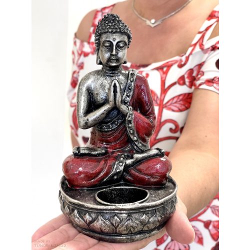 NAMASTÉ Buddha mécsestartó szobor 17 cm - bordó/ezüst