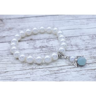   Akvamarin VÉDŐANGYAL karkötő fehér színű teklagyöngyökkel
