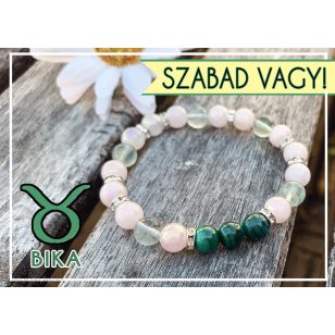  SZABAD VAGY! malachit, rózsakvarc, fluorit ásványkarkötő Bikáknak