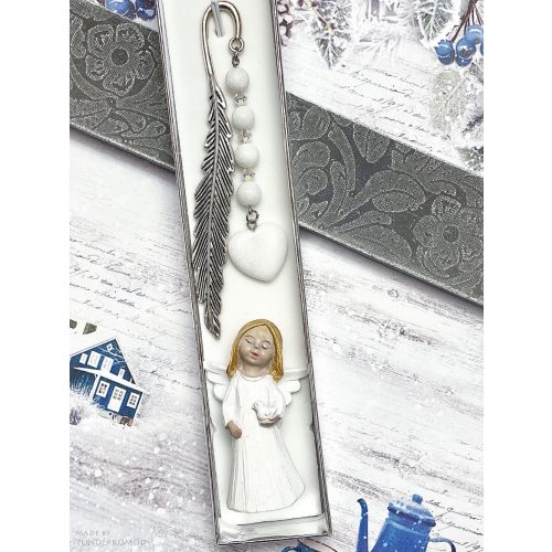 ANGYALI SZÍV ajándékcsomag porcelán jáde és kristálygyöngy könyvjelzővel és kerámia angyalkával, díszdobozban
