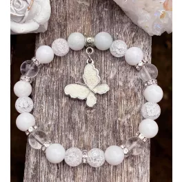   INSPIRÁLÓ PILLANGÓ hegyikristály és porcelán jáde ásvány karkötő
