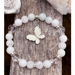   INSPIRÁLÓ PILLANGÓ hegyikristály és porcelán jáde ásványkarkötő