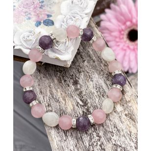   ÖNBIZALOM ÉS ÚJRAKEZDÉS lepidolit, rózsakvarc, holdkő ásványkarkötő