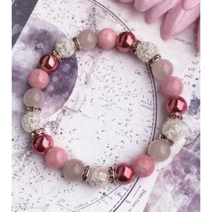   NAGYON RÓZSASZÍN :) rózsakvarc, rodokrozit jáde, pink hematit és halványrózsaszín roppantott hegyikristály karkötő